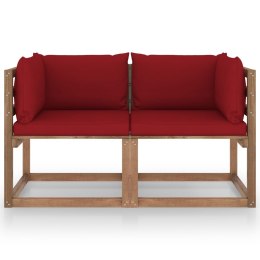 Ogrodowa sofa 2-os. z palet, z bordowymi poduszkami, sosna