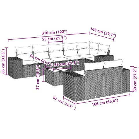 9-cz. zestaw mebli ogrodowych, poduszki, jasnoszary polirattan