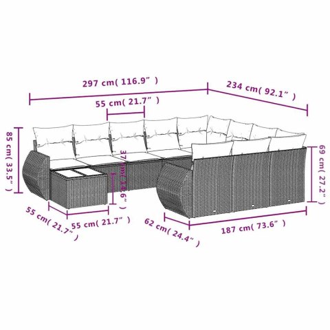 11-cz. zestaw mebli ogrodowych z poduszkami, szary rattan PE
