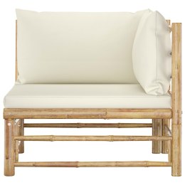 Ogrodowa sofa narożna, śmietankowe poduszki, bambus