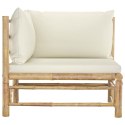 Ogrodowa sofa narożna, śmietankowe poduszki, bambus