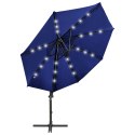 Parasol wiszący z lampkami LED i słupkiem, lazurowy, 300 cm