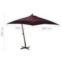 Parasol ogrodowy wiszący, na jodłowym słupku, bordowy, 3x3 m