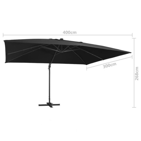 Parasol z LED i aluminiowym słupkiem, 400x300 cm, czarny