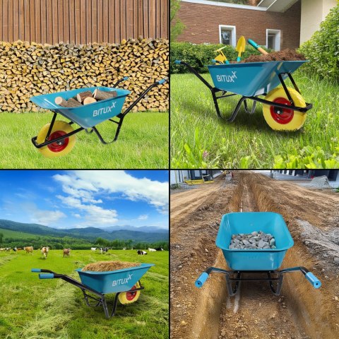 Taczka Ogrodowa Solidna taczka 100L jednokołowa niebieska Mocna 250kg +żółte koło PU