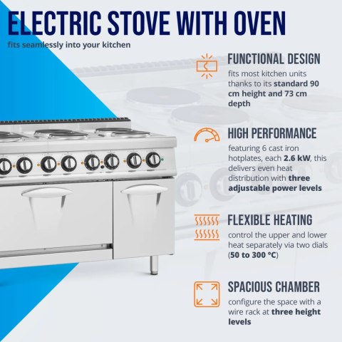 Kuchnia elektryczna z piekarnikiem szafką 6 palników 400 V 19.1 kW