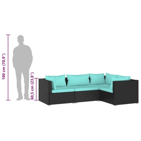 4-cz. zestaw wypoczynkowy do ogrodu, poduszki, czarny rattan PE