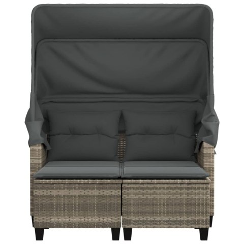 2-os. sofa ogrodowa, daszek i podnóżki, jasnoszara, rattan PE