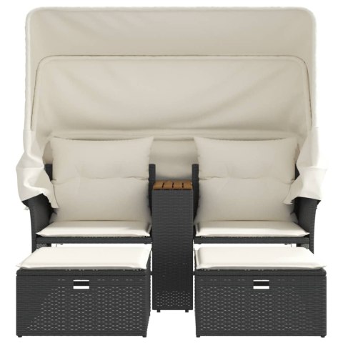 2-os. sofa ogrodowa z daszkiem i podnóżkami, czarna, rattan PE