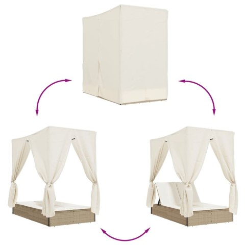 Podwójna leżanka z daszkiem i zasłonami, beżowy polirattan