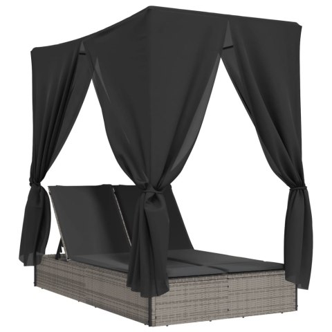 Podwójna leżanka z daszkiem i zasłonami, szary polirattan