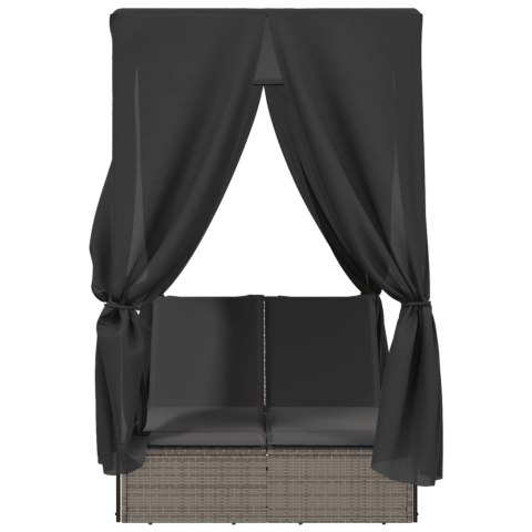 Podwójna leżanka z daszkiem i zasłonami, szary polirattan