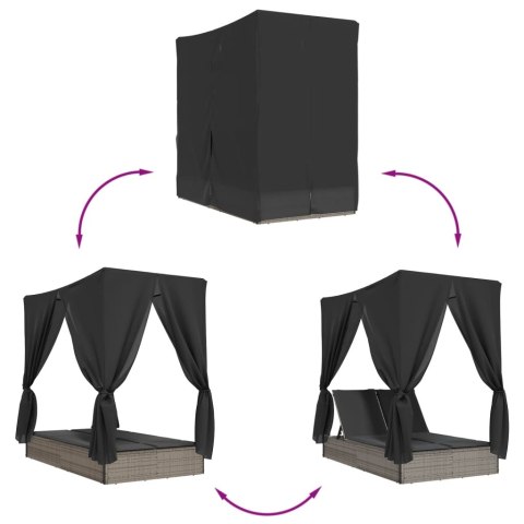 Podwójna leżanka z daszkiem i zasłonami, szary polirattan