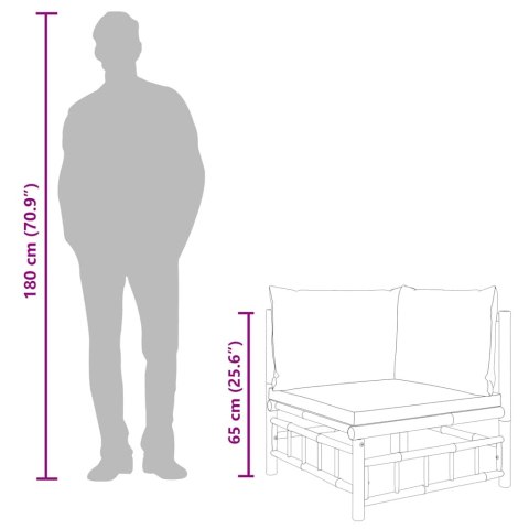 Ogrodowa sofa narożna, kremowe poduszki, bambus