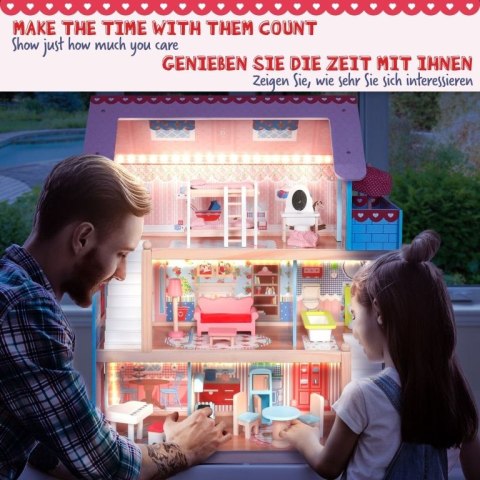 Drewniany domek dla lalek ze światłem LED, 60,5 x 71 x 32,5