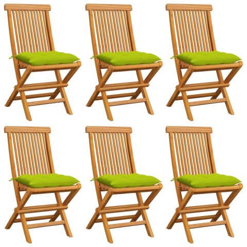 Krzesła ogrodowe, jasnozielone poduszki, 6 szt., drewno tekowe