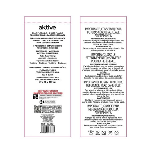 Fotel plażowy Aktive Slim Składany Granatowy 47 x 107 x 66 cm (4 Sztuk)