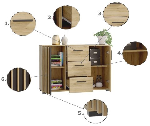 Komoda 120 cm dąb craft z szufladami i uchwytami