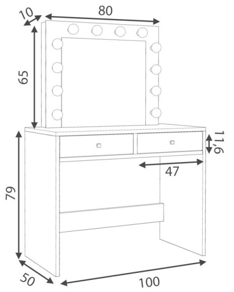 Toaletka z lustrem 12 LED biała, 2 szuflady do makijażu