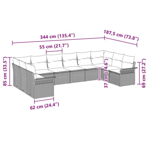 10 Elementowy Zestaw Sof Ogrodowych z Poduszkami Szary Poli Rattan