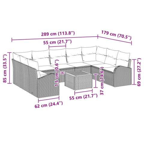 10-częściowy zestaw kanap ogrodowych z poduszkami Czarny Polirattan Akacja