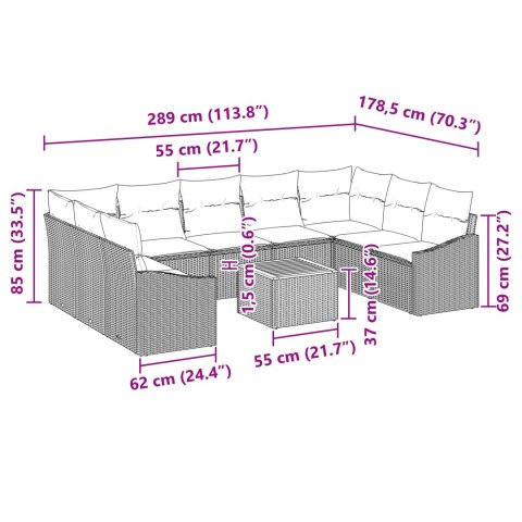 Zestaw 10 elementów sofy ogrodowej z poduszkami Szary Polirattan Akacja