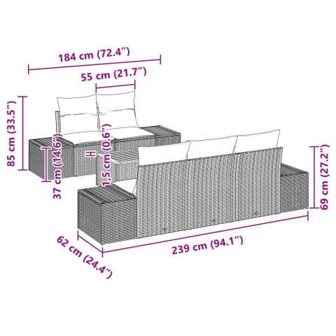 Zestaw 6 Częściowych Sof Ogrodowych z Poduszkami Czarny Polirattan Akacja