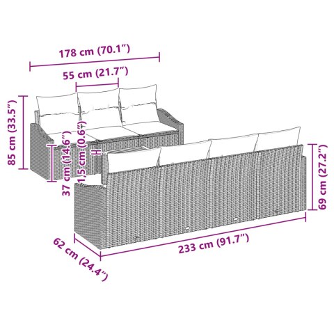Zestaw 8-częściowy sof ogrodowych z poduszkami Czarny Polirattan Akacja
