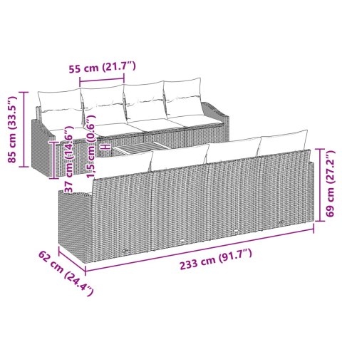 Zestaw 9-częściowy sof ogrodowych z poduszkami Szary Rattan polietylenowy Akacja