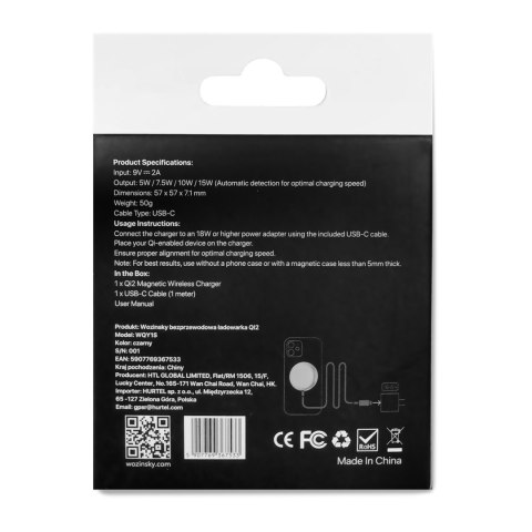 Ładowarka indukcyjna magnetyczna bezprzewodowa Qi2 do telefonu 15W - czarna