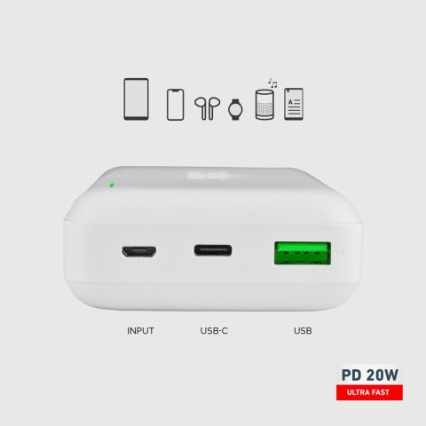 Powerbank 20000 mAh PD MicroUSB USB-C USB-A 20W - biały