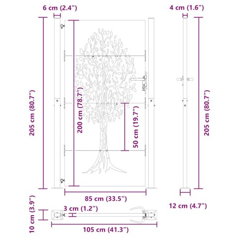 Furtka ogrodowa, 105x205 cm, stal kortenowska, motyw drzewa