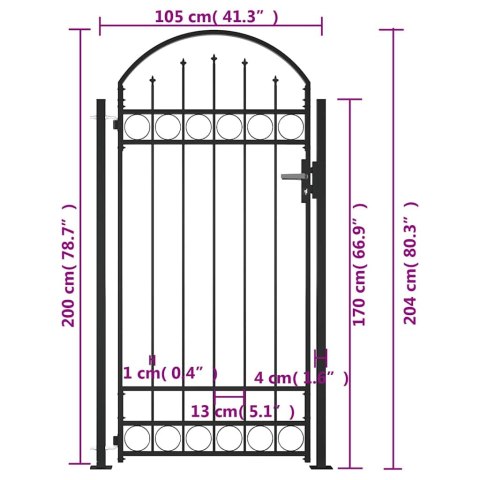 Furtka ogrodzeniowa z górnym łukiem i 2 słupkami, 105 x 204 cm