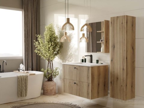 SZAFKA POD UMYWALKĘ TIGO 80 2S DĄB EVOKE 2 SZUFLADY RYFLOWANY FRONT WISZĄCA