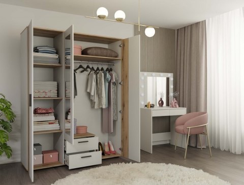 SZAFA AVA 150 CM LUSTRO 2 SZUFLADY RYFLOWANY FRONT DĄB EVOKE KASZMIR BEŻ