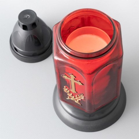 Szklany lampion na świecę, czerwony, złoty krzyż, 22 cm 3szt