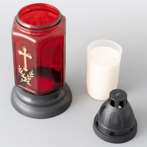 Szklany lampion na świecę, czerwony, złoty krzyż, 22 cm 3szt