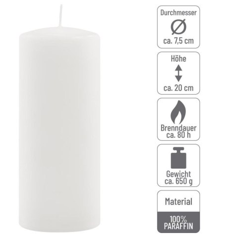 Zestaw świec słupkowych, 20 cm, Ø 7,5 cm, biały, 2 szt.