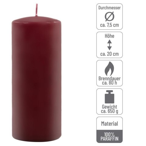 Zestaw świec słupkowych 20 cm Ø 7,5 cm, bordowy, 2 szt.