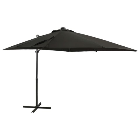 Parasol wiszący z lampkami LED i słupkiem, czarny, 250 cm