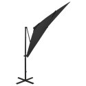 Parasol wiszący z lampkami LED i słupkiem, czarny, 250 cm