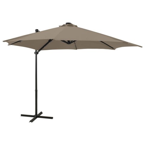 Parasol wiszący z lampkami LED i słupkiem, kolor taupe, 300 cm