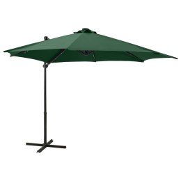 Parasol wiszący z lampkami LED i słupkiem, zielony, 300 cm