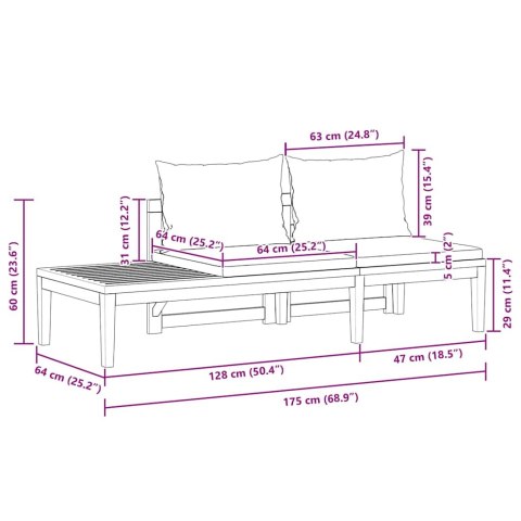 Ławka ogrodowa ze stolikiem, szare poduszki, drewno akacjowe