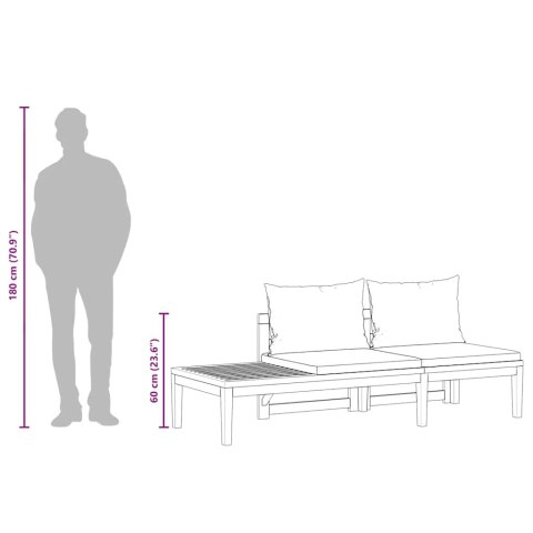 Ławka ogrodowa ze stolikiem, szare poduszki, drewno akacjowe