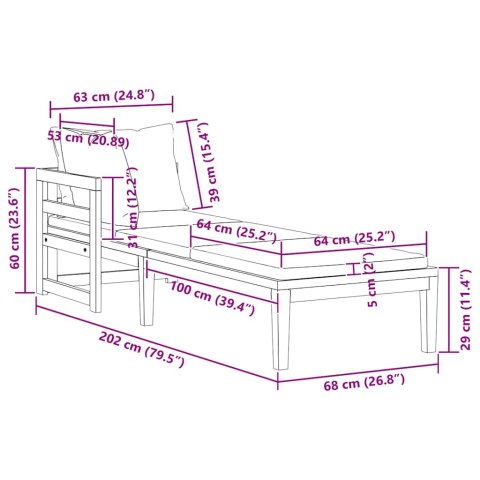 Leżak z 1 podłokietnikiem, kremowe poduszki, drewno akacjowe