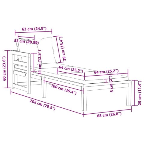Leżak z podłokietnikiem, ciemnoszary, lite drewno akacjowe