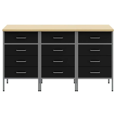 Szafka robocza 3 szt. Czarna i szaro-srebrna, z drewna inżynieryjnego i stali