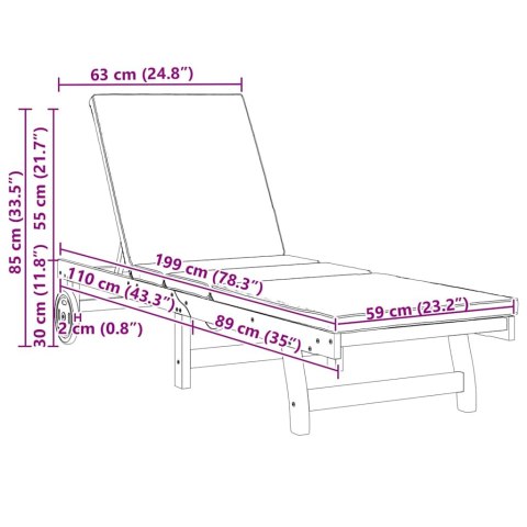 Leżaki 2 szt. z kółkami i poduszką z drewna akacjowego