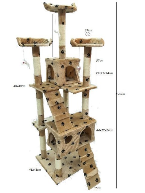 DRAPAK DLA KOTA BEŻOWY W ŁAPKI 170 CM WIELOPOZIOMOWY 2 DOMKI